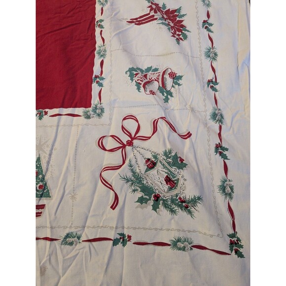 Vintage 50s Rectangle Christmas Tablecloth MCM Cotton Bells Trees  Candles *Flaw - Picture 2 of 12